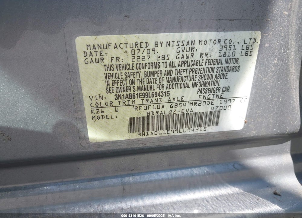 2009 NISSAN SENTRA VIN: 3N1AB61E99L694315