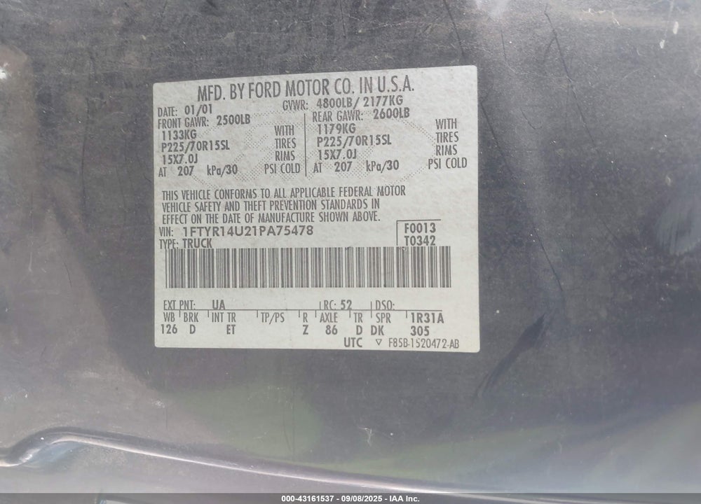 2001 FORD RANGER EDGE/XL/XLT VIN: 1FTYR14U21PA75478