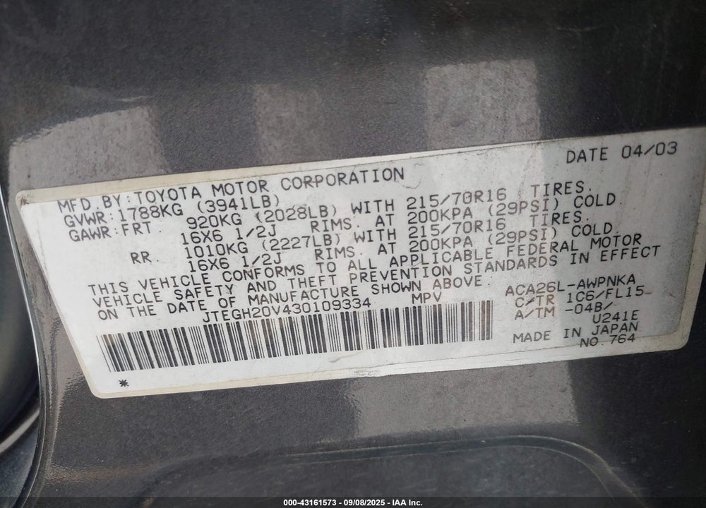 2003 TOYOTA RAV4 VIN: JTEGH20V430109334
