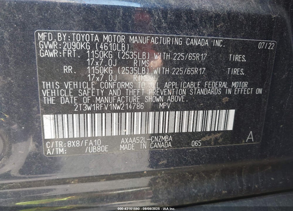 2022 TOYOTA RAV4 VIN: 2T3W1RFV1NW214786