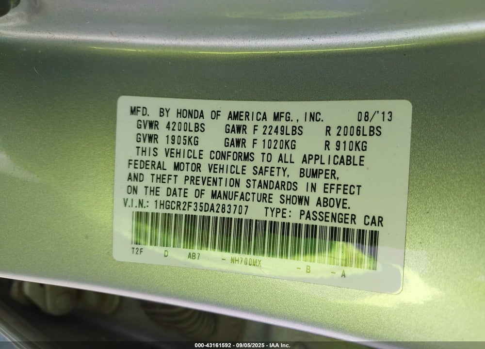 2013 HONDA ACCORD LX VIN: 1HGCR2F35DA283707