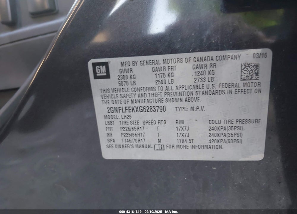 2016 CHEVROLET EQUINOX VIN: 2GNFLFEKXG6283790