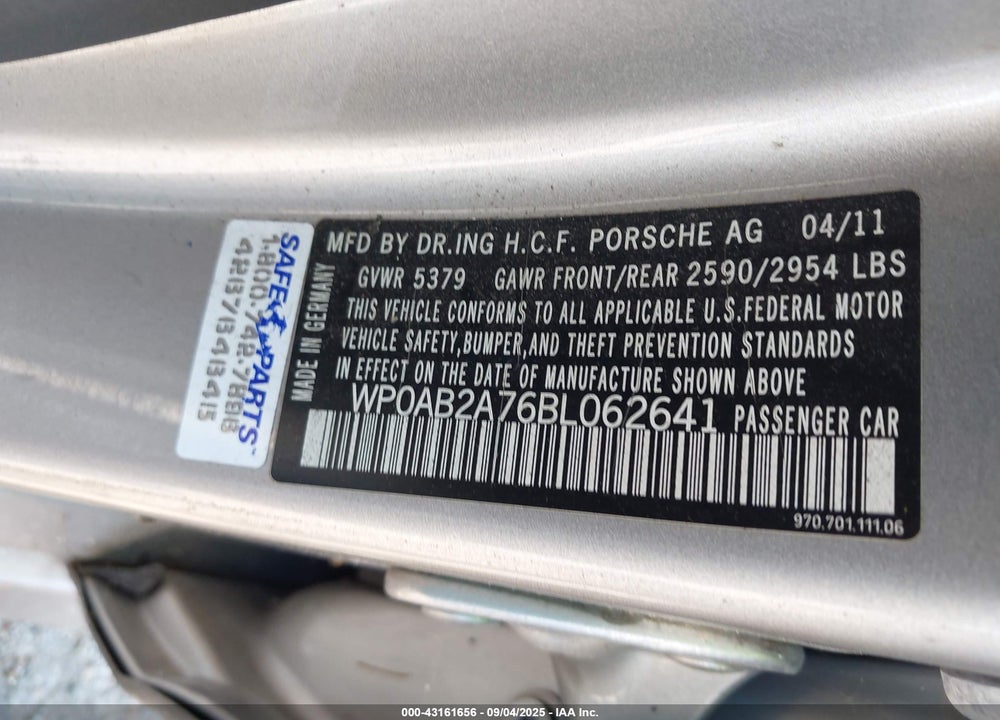 2011 PORSCHE PANAMERA VIN: WP0AB2A76BL062641