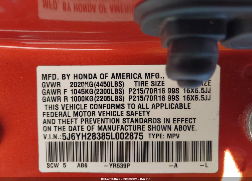 2005 HONDA ELEMENT LX VIN: 5J6YH28385L002875