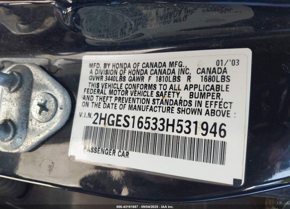 2003 HONDA CIVIC LX VIN: 2HGES16533H531946