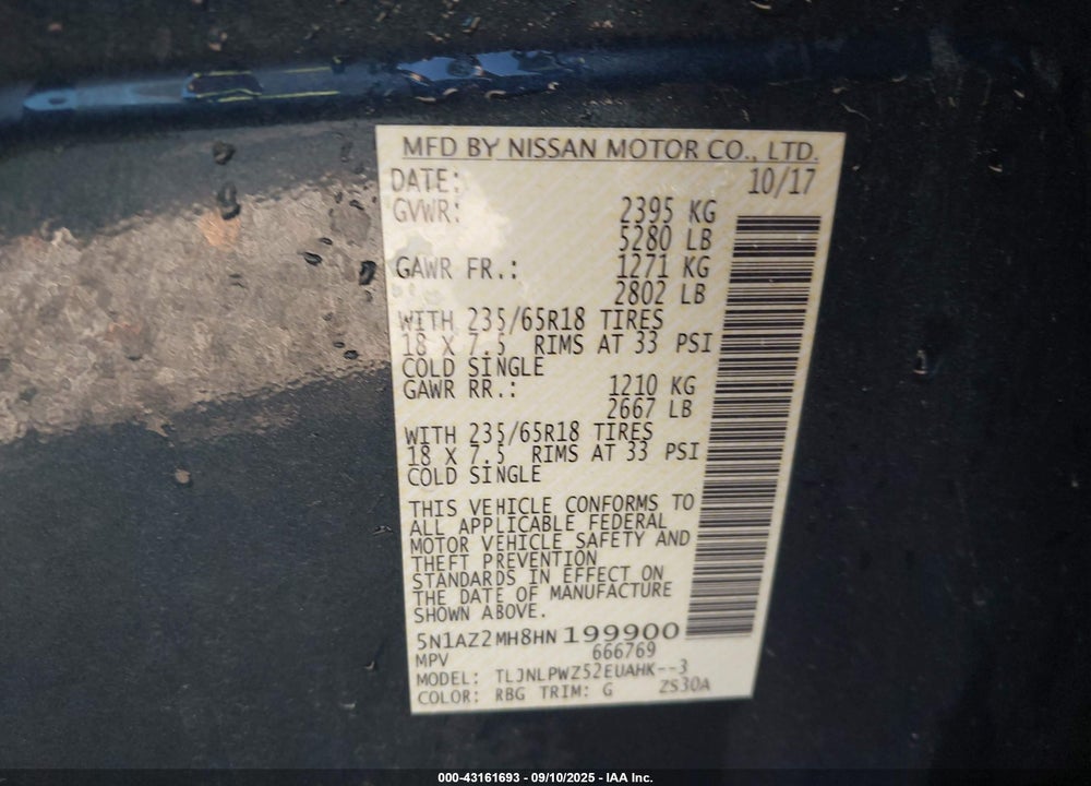 2017 NISSAN MURANO VIN: 5N1AZ2MH8HN199900
