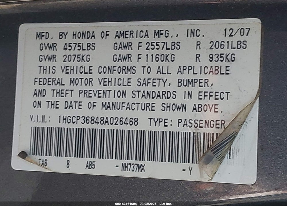 2008 HONDA ACCORD 3.5 EX-L VIN: 1HGCP36848A026468