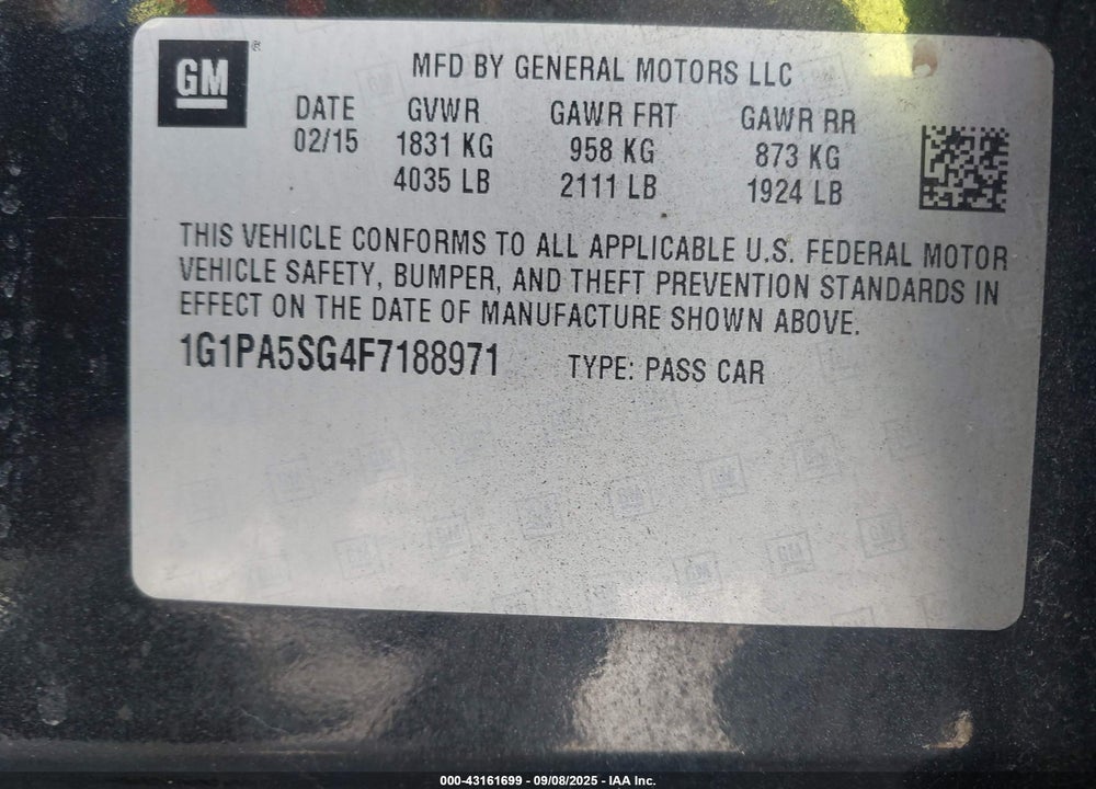 2015 CHEVROLET CRUZE VIN: 1G1PA5SG4F7188971