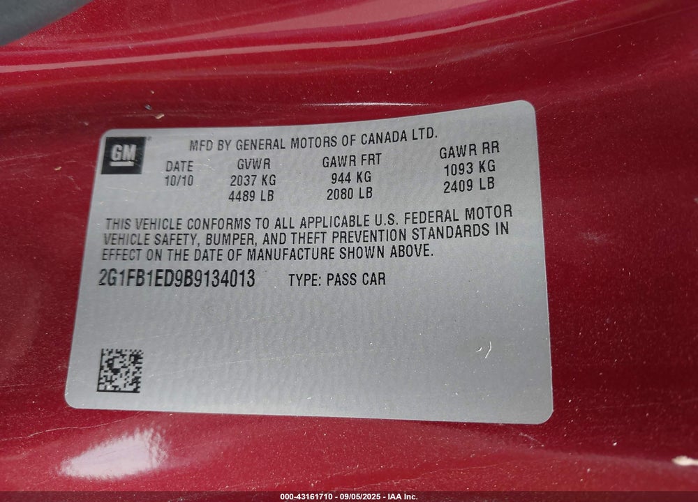 2011 CHEVROLET CAMARO VIN: 2G1FB1ED9B9134013