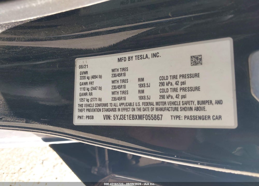 2021 TESLA MODEL 3 LONG RANGE DUAL MOTOR ALL-WHEEL DRIVE VIN: 5YJ3E1EB0MS055867
