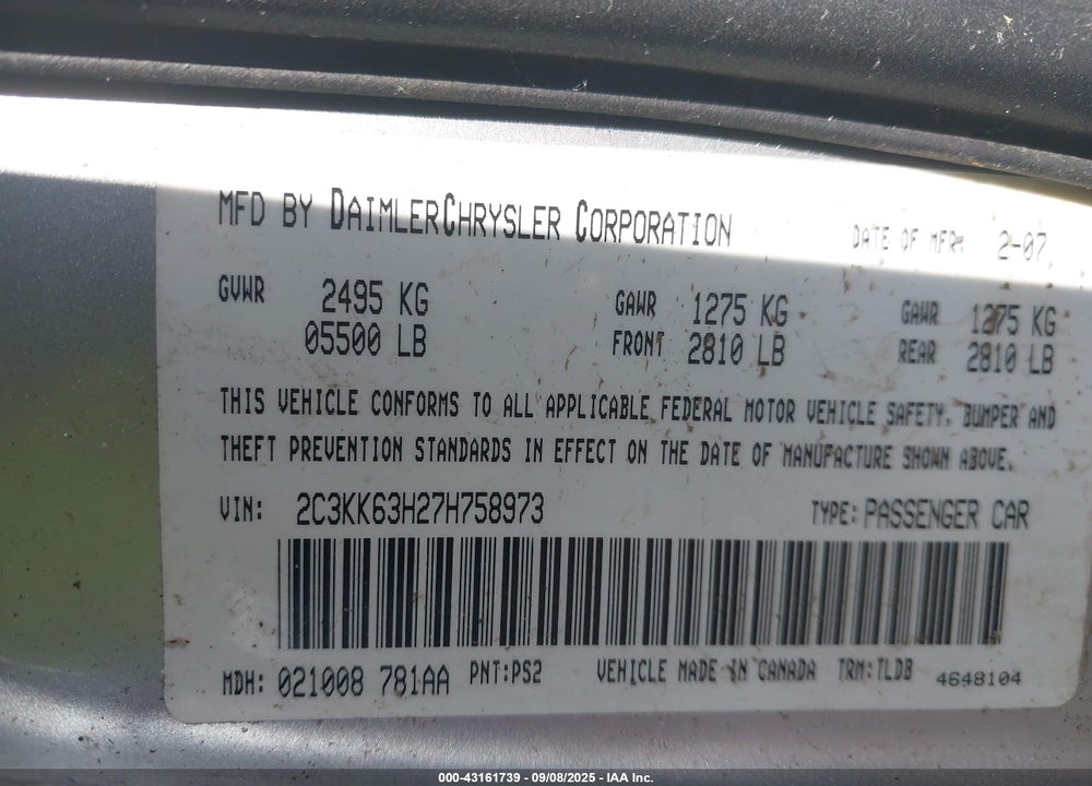 2007 CHRYSLER 300 VIN: 2C3KK63H27H758973