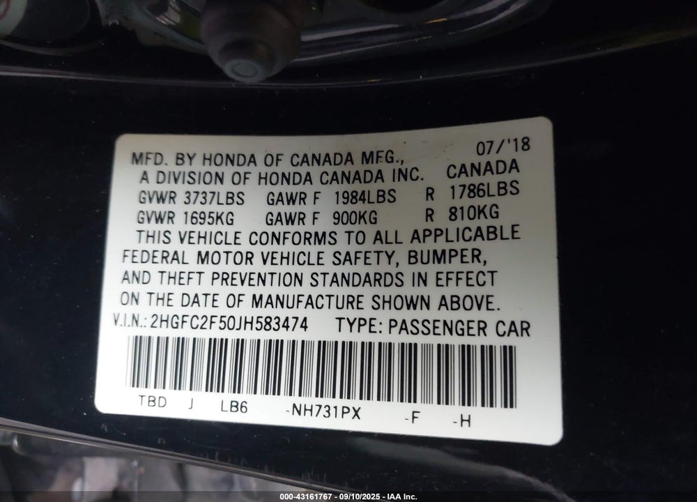 2018 HONDA CIVIC VIN: 2HGFC2F50JH583474