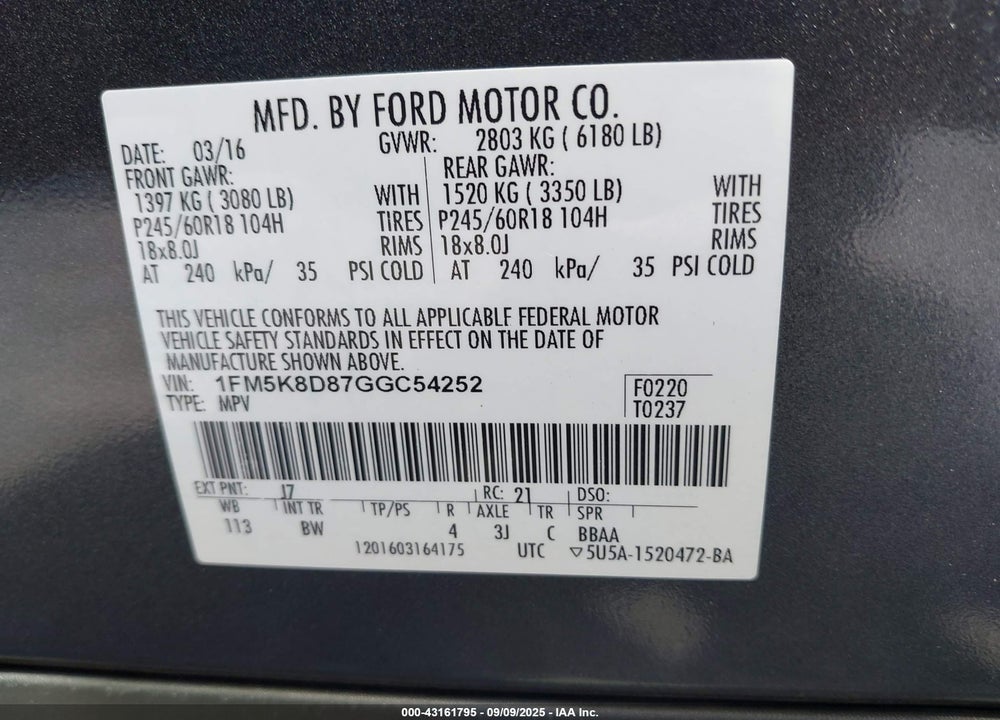 2016 FORD EXPLORER VIN: 1FM5K8D87GGC54252