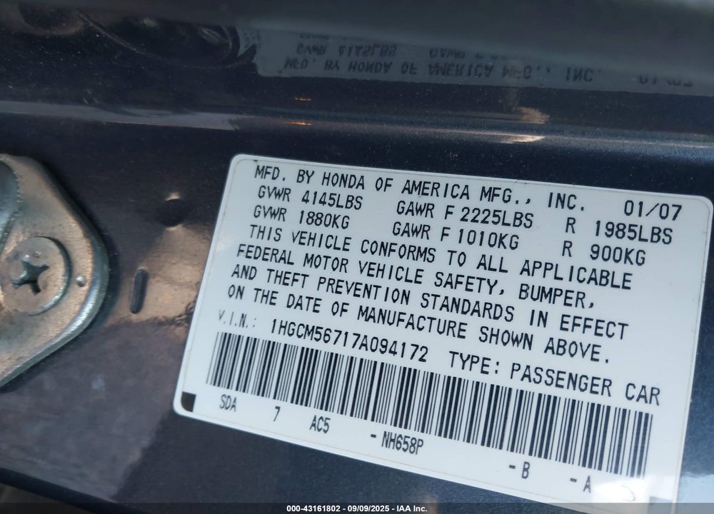 2007 HONDA ACCORD VIN: 1HGCM56717A094172