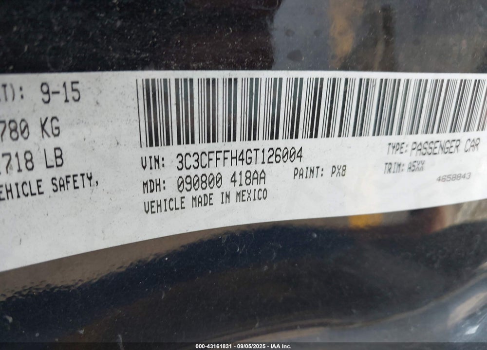 2016 FIAT 500 VIN: 3C3CFFFH4GT126004