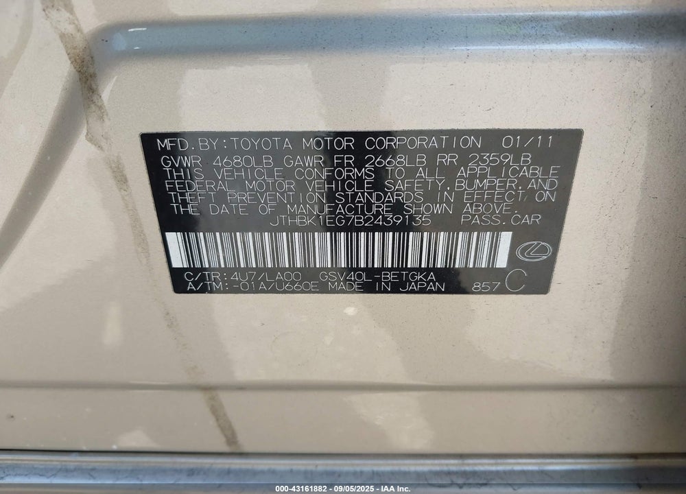 2011 LEXUS ES 350 VIN: JTHBK1EG7B2439135