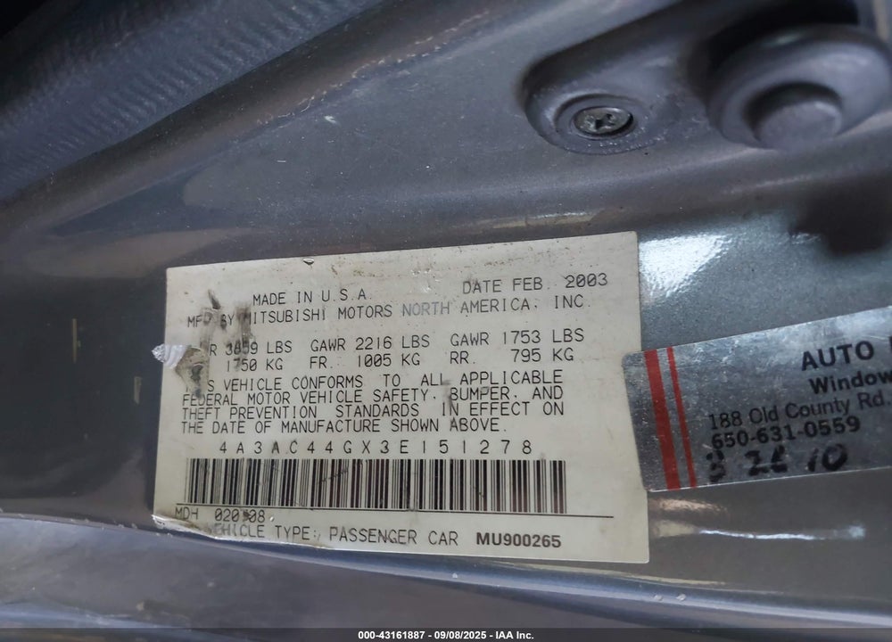 2003 MITSUBISHI ECLIPSE GS VIN: 4A3AC44GX3E151278