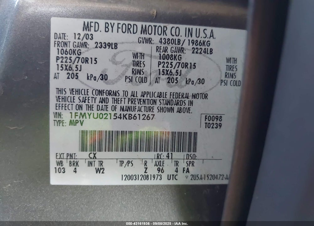 2004 FORD ESCAPE XLS VIN: 1FMYU02154KB61267