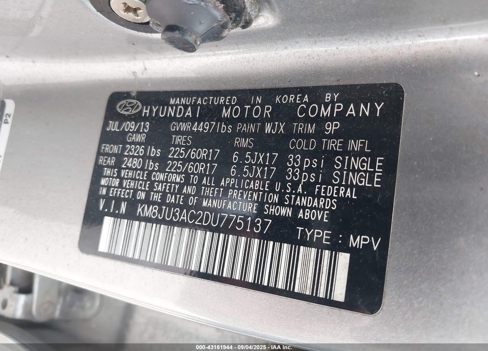 2013 HYUNDAI TUCSON VIN: KM8JU3AC2DU775137