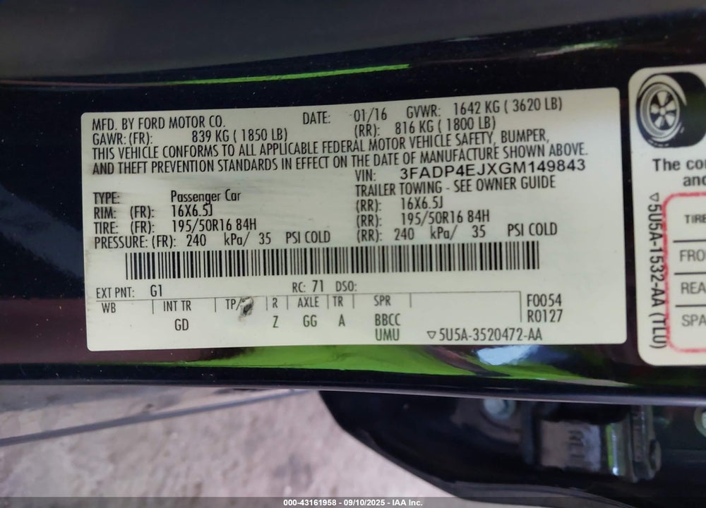 2016 FORD FIESTA VIN: 3FADP4EJXGM149843