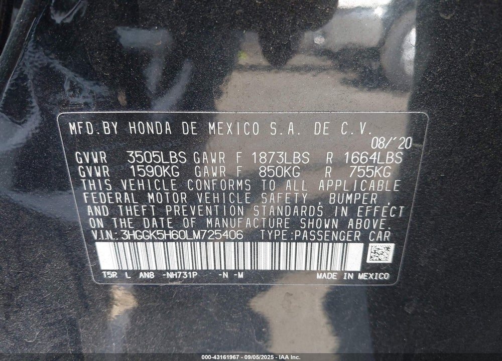 2020 HONDA FIT SPORT VIN: 3HGGK5H60LM725406
