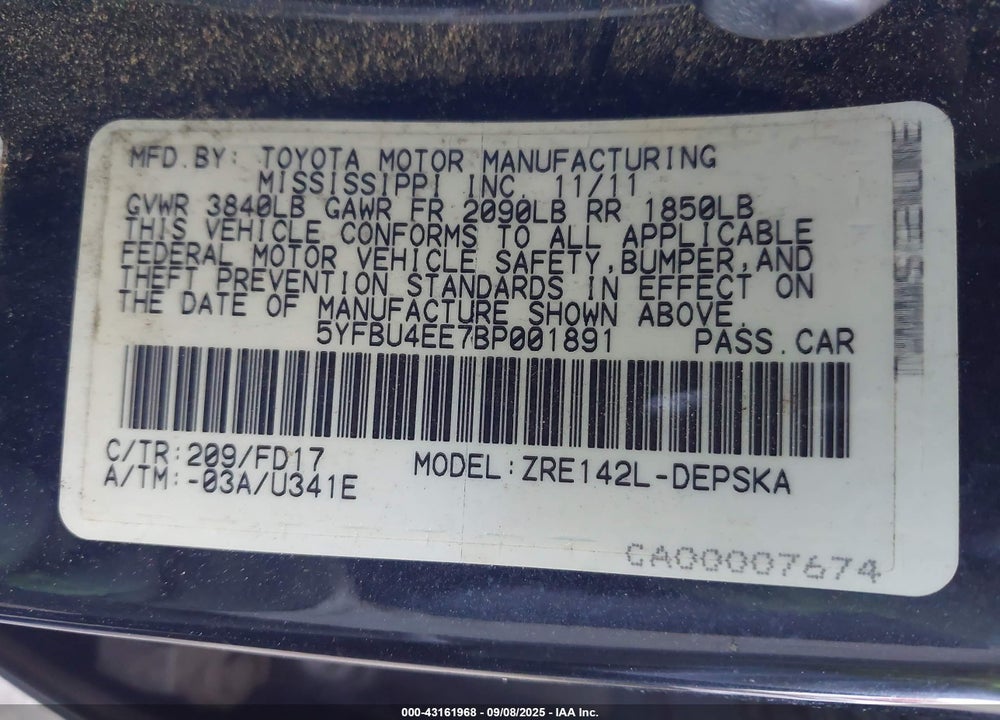 2011 TOYOTA COROLLA VIN: 5YFBU4EE7BP001891
