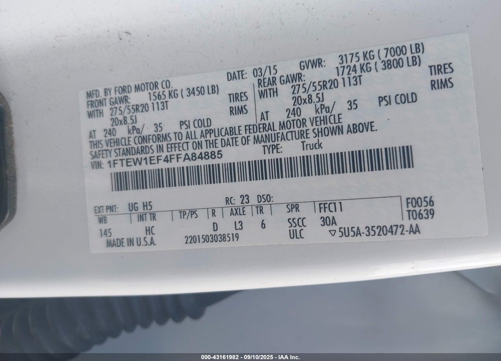 2015 FORD F-150 VIN: 1FTEW1EF4FFA84885