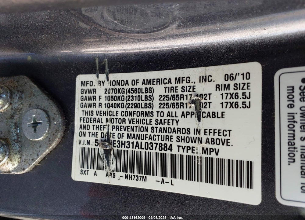 2010 HONDA CR-V LX VIN: 5J6RE3H31AL037884