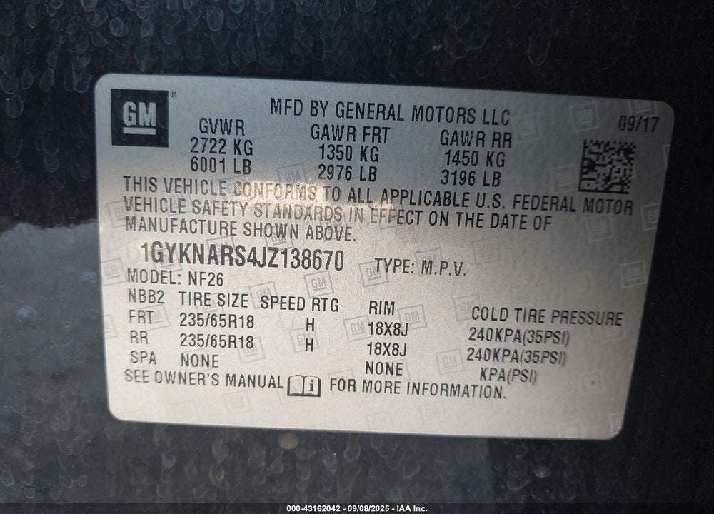 2018 CADILLAC XT5 VIN: 1GYKNARS4JZ138670