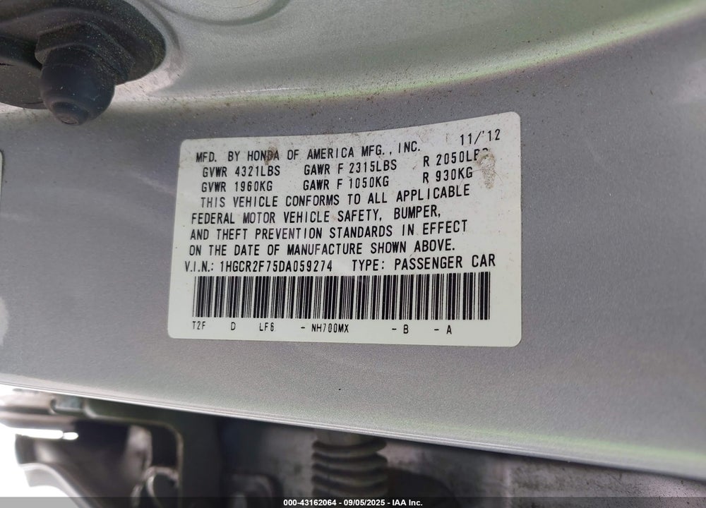 2013 HONDA ACCORD VIN: 1HGCR2F75DA059274
