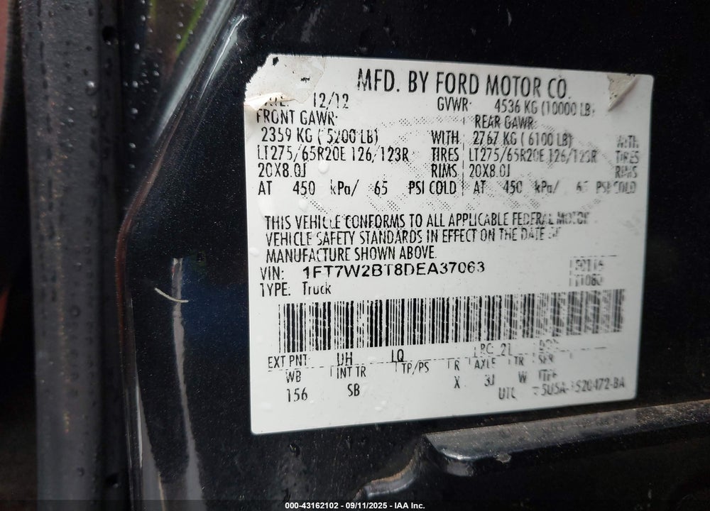 2013 FORD F-250 VIN: 1FT7W2BT8DEA37063