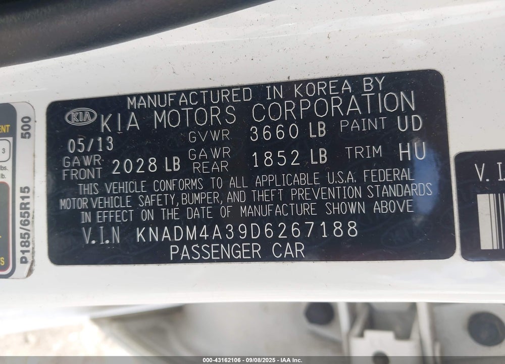 2013 KIA RIO VIN: KNADM4A39D6267188