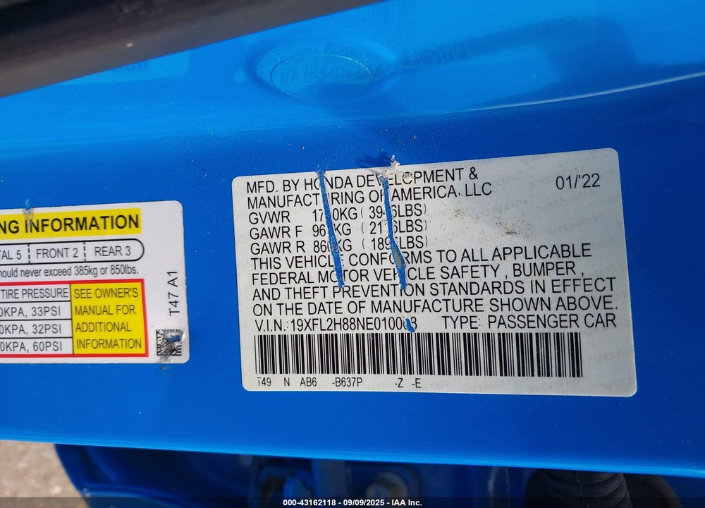 2022 HONDA CIVIC SPORT VIN: 19XFL2H88NE010068