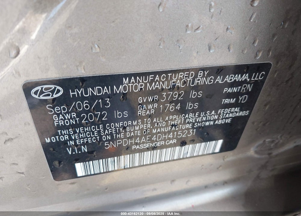 2013 HYUNDAI ELANTRA VIN: 5NPDH4AE4DH415231