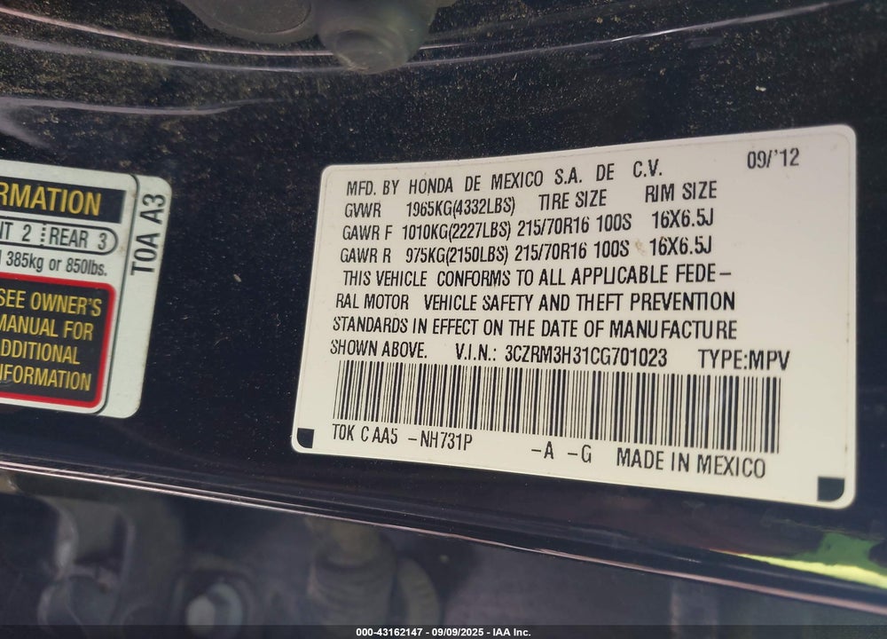 2012 HONDA CR-V VIN: 3CZRM3H31CG701023