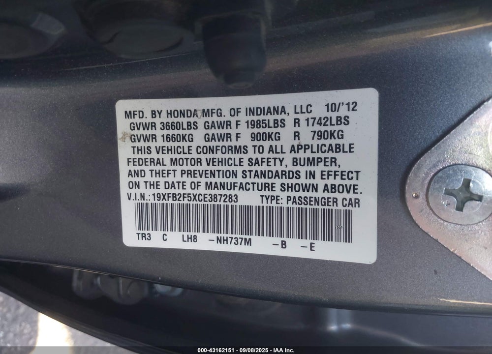 2012 HONDA CIVIC VIN: 19XFB2F5XCE387283