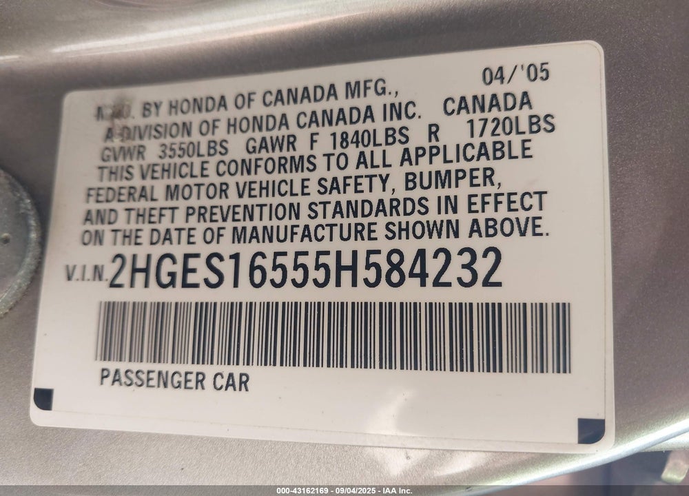2005 HONDA CIVIC LX VIN: 2HGES16555H584232