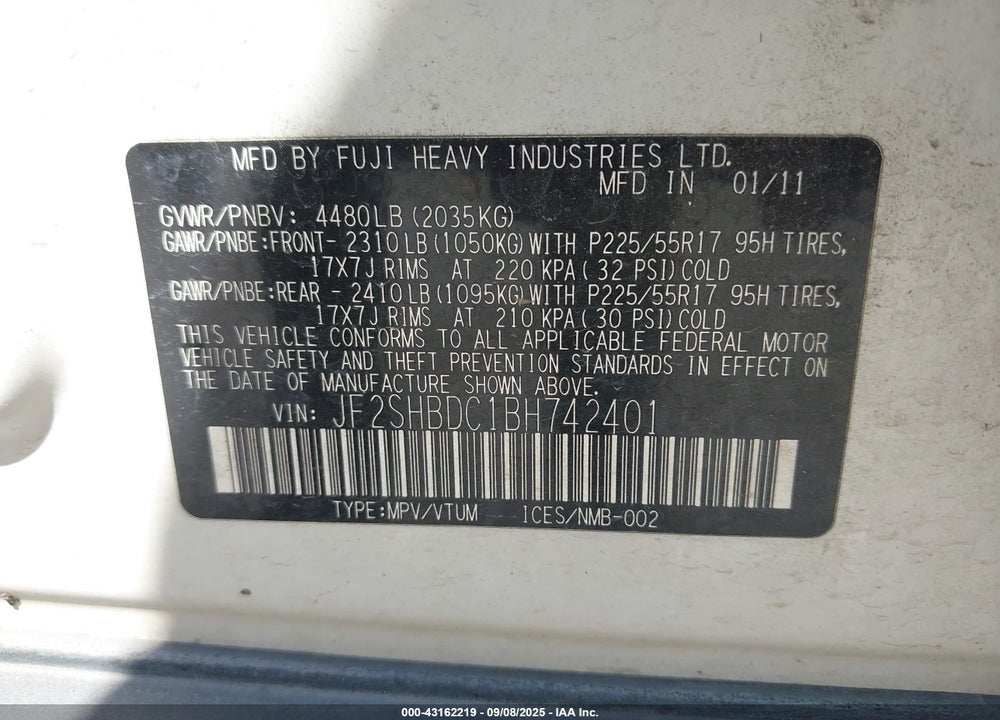 2011 SUBARU FORESTER VIN: JF2SHBDC1BH742401