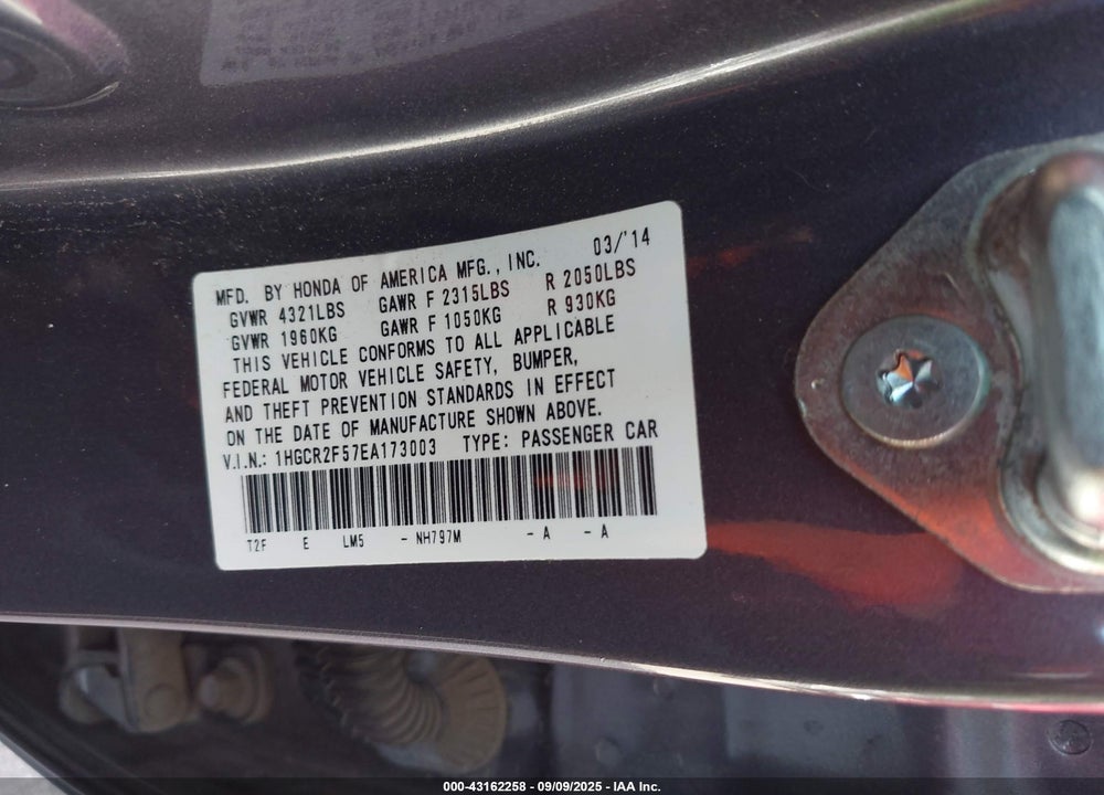2014 HONDA ACCORD VIN: 1HGCR2F57EA173003