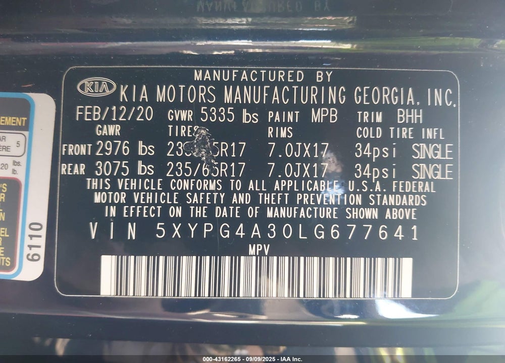 2020 KIA SORENTO VIN: 5XYPG4A30LG677641