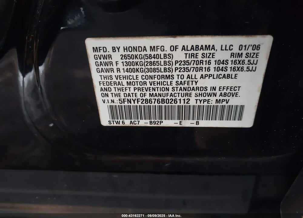 2006 HONDA PILOT EX-L VIN: 5FNYF28676B026112