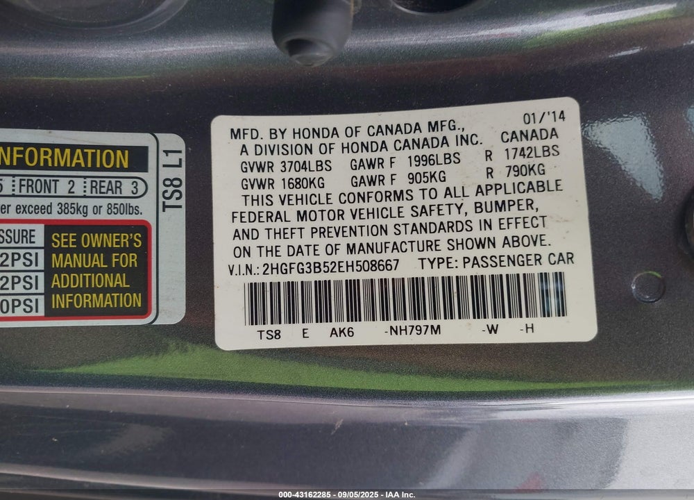 2014 HONDA CIVIC VIN: 2HGFG3B52EH508667
