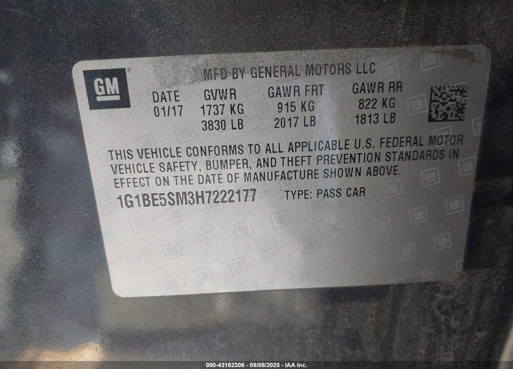 2017 CHEVROLET CRUZE VIN: 1G1BE5SM3H7222177