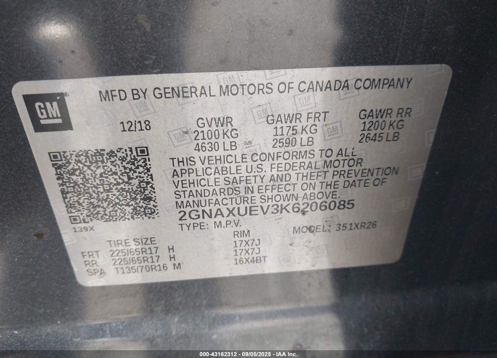 2019 CHEVROLET EQUINOX VIN: 2GNAXUEV3K6206085