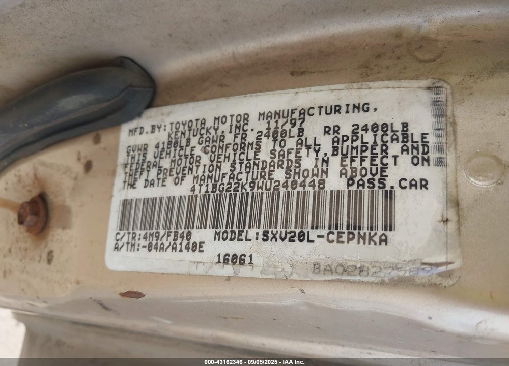 1998 TOYOTA CAMRY LE VIN: 4T1BG22K9WU240448