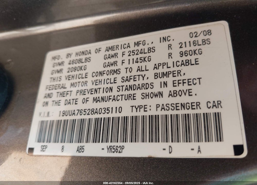 2008 ACURA TL VIN: 19UUA76528A035110
