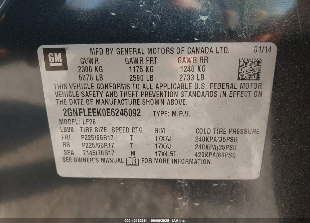 2014 CHEVROLET EQUINOX VIN: 2GNFLEEK0E6246092