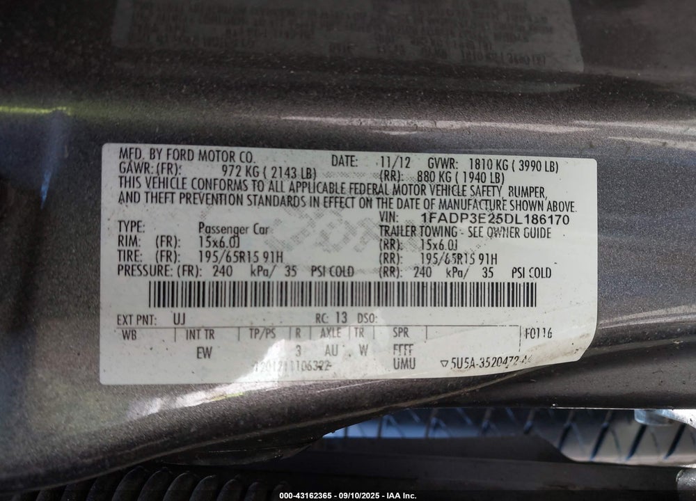 2013 FORD FOCUS S VIN: 1FADP3E25DL186170