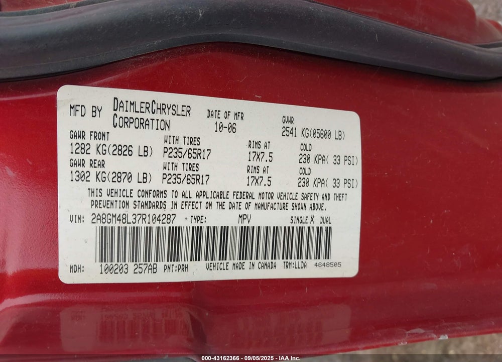 2007 CHRYSLER PACIFICA VIN: 2A8GM48L37R104287