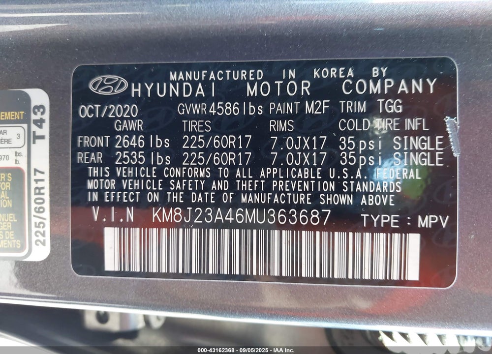 2021 HYUNDAI TUCSON VIN: KM8J23A46MU363687